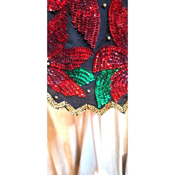 Vintage Laurence Kazar Sequin & Beaded Christmas Poinsettia Top Blouse Sz L - Picture 6 of 11
